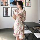 Wrap-front Frilled Floral Dress Beige - One Size