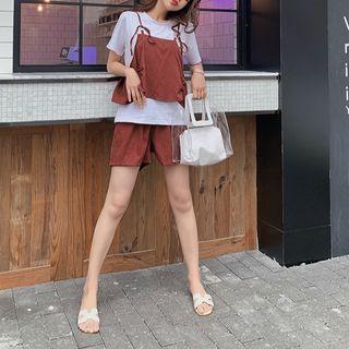 Set: Crew-neck Short-sleeve T-shirt + Cropped Camisole Top + Shorts