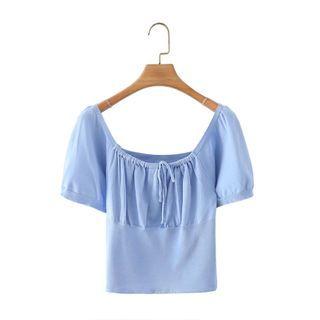 Puff-sleeve Tie-strap Plain Cropped T-shirt