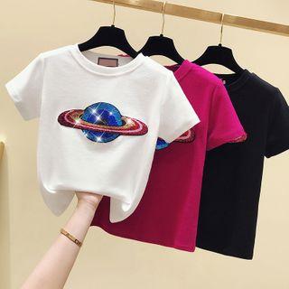 Glitter Planet Print Short-sleeve T-shirt
