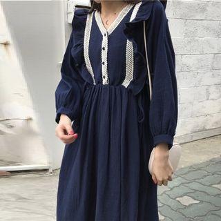 Long-sleeve Ruffle A-line Dress Blue - One Size