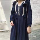 Long-sleeve Ruffle A-line Dress Blue - One Size