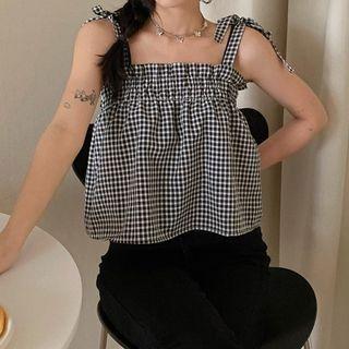 Tie-strap Gingham Camisole Top Black - One Size