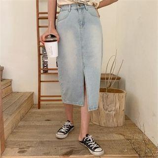 Band-waist Slit-back Denim Midi Skirt Light Blue - One Size