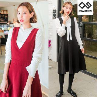 Plus Size Plunged-neck Flared Jumper Dress