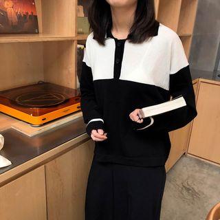 Color Block Collared Long-sleeve Knit Top As Shown In Figure - One Size