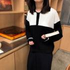 Color Block Collared Long-sleeve Knit Top As Shown In Figure - One Size