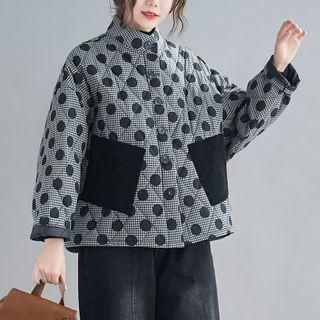 Dot Print Quilted Button-up Jacket Gray & Black - One Size