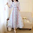 Traditional Chinese 3/4-sleeve Floral Chiffon A-line Midi Dress