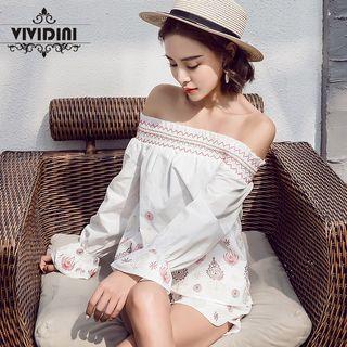 Set: Off-shoulder Embroidered Top + Embroidered Shorts