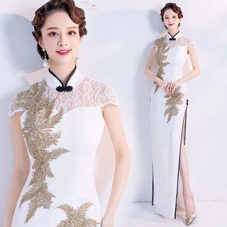 Short-sleeve Floral Embroidered Lace Panel Maxi Qipao Dress