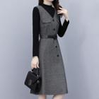 Long-sleeve Mock Two-piece Button-up Dress