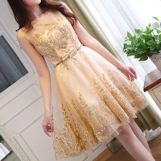 Sleeveless Glitter Party Dress (with Belt)