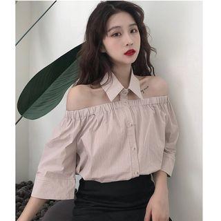 Striped Cut Out Shoulder Elbow-sleeve Blouse