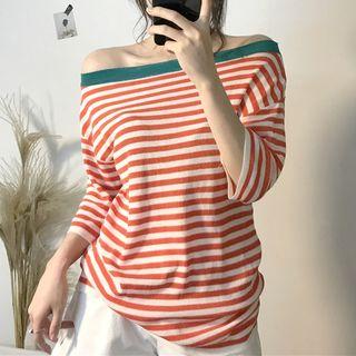 Off Shoulder 3/4 Sleeve Striped Knit Top