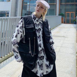 Long-sleeve Butterfly Print Shirt / Chain Cargo Vest / Set