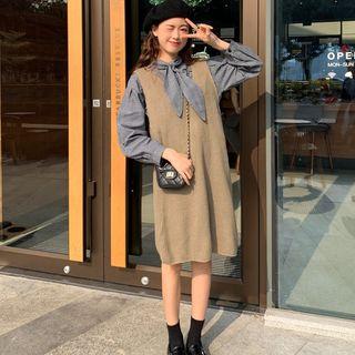 Tie-neck Plaid Shirt / Sleeveless Knit Dress
