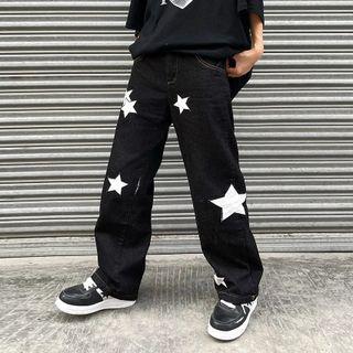 High Waist Star Print Loose Fit Jeans