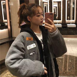 Applique Hooded Fleece Jacket Black & Gray - One Size