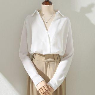 Long-sleeve V-neck Plain Shirt White - One Size