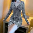 Zebra Long-sleeve Mini Sheath Dress