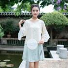 Set: Embroidered 3/4-sleeve Chiffon Blouse + A-line Skirt