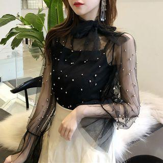 Set: Embellished Mesh Long-sleeve Top + Mini Skirt