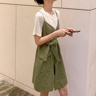 Set: Crew-neck Short-sleeve T-shirt + Tie-waist Jumper Dress