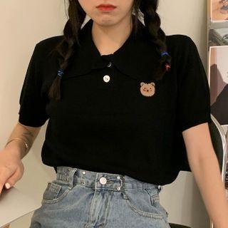 Bear Embroidered Collared Short-sleeve Knit Top