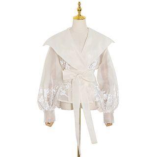 Floral Print Mesh Panel Long-sleeve Blouse
