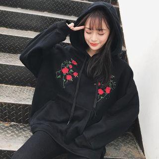 Flower Embroidered Hoodie Black - One Size