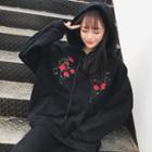Flower Embroidered Hoodie Black - One Size