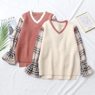 Plaid Panel Bell-sleeve Sweater