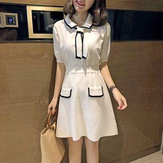 Set: Short-sleeve Knit Top + Mini Knit A-line Skirt