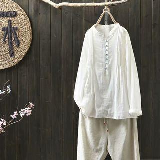 Stand Collar Buttoned Blouse White - One Size