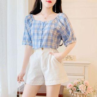 Set: Elbow-sleeve Plaid Blouse + Wide-leg Shorts