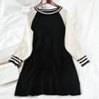 Long-sleeve Raglan Mini A-line Knit Dress Black - One Size
