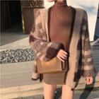 Plaid Open-front Cardigan / Mock-turtleneck Long-sleeeve Top / A-line Mini Skirt