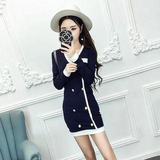 V-neck Double-breasted Long-sleeve Sheath Dress