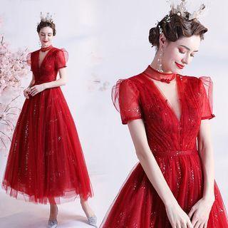 Short-sleeve Glitter Mesh Midi A-line Gown