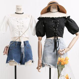 Boatneck Lace-up Cropped Blouse