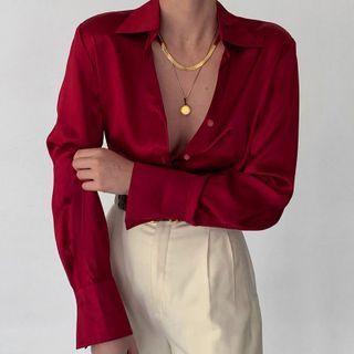 Long Sleeve V-neck Satin Shirt