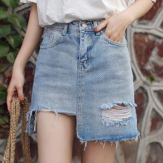 Rip Denim Fitted Skirt