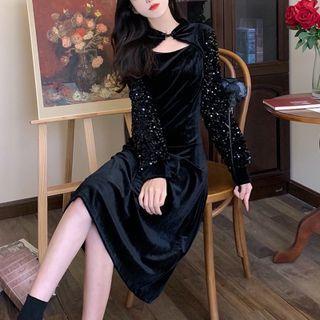 Long-sleeve Sequin Cutout Velvet Midi A-line Dress