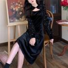 Long-sleeve Sequin Cutout Velvet Midi A-line Dress