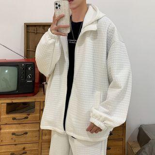 Set: Waffle Pattern Hooded Zip-up Jacket + Harem Pants