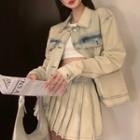 Tie-dye Cropped Denim Jacket / Pleated Mini A-line Skirt