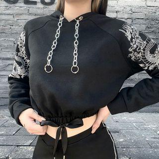 Dragon Print Chain-accent Cropped Hooded Sweatshirt