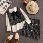 Set: Tie Neck Blouse + Plaid Vest + A-line Skirt