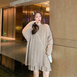 Set: Crew-neck Long Sweater + A-line Knit Skirt